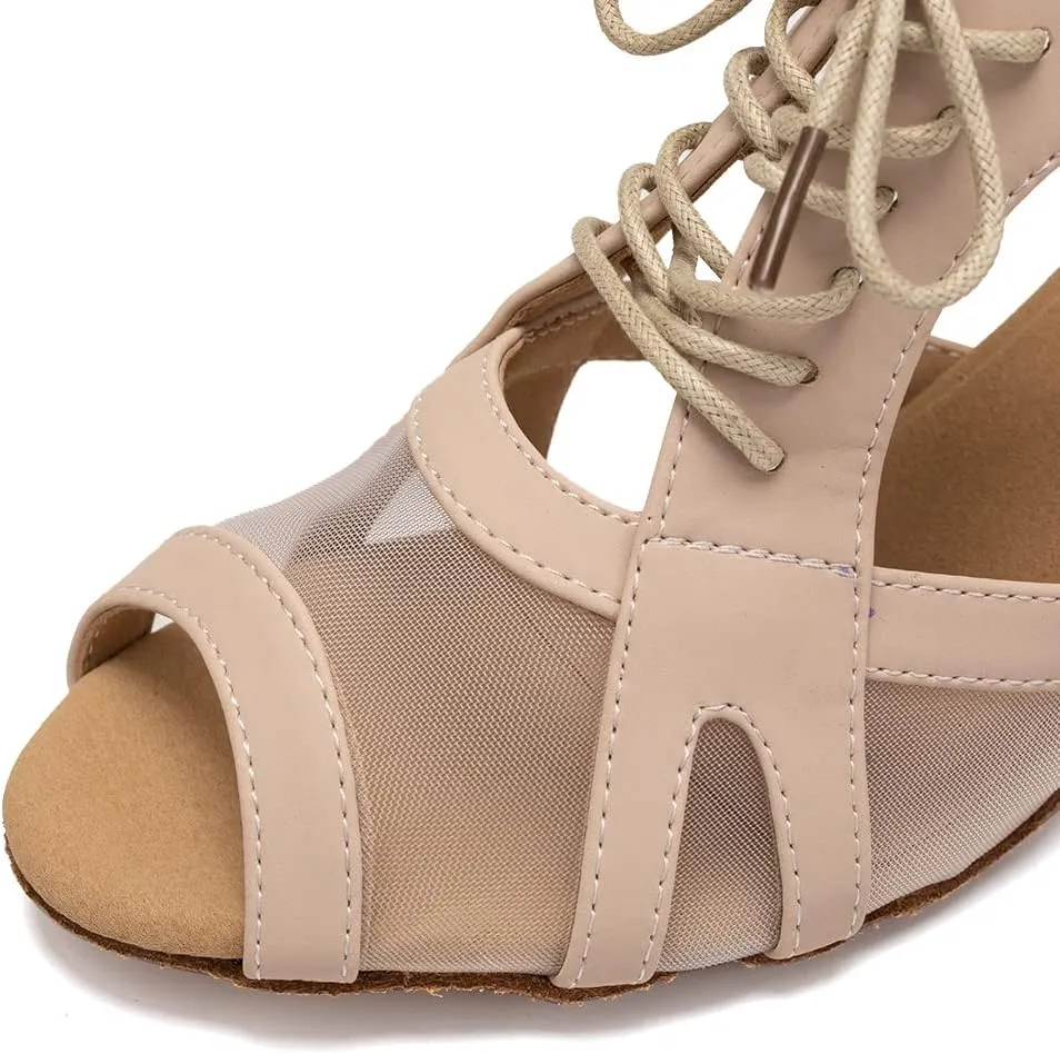 SWDZM Women's Lace-up Latin Dance Shoes Open Toe Ballroom Salsa Dance Practice Shoes,Model FT087