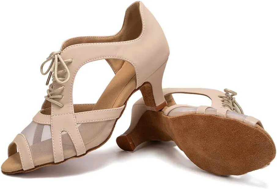 SWDZM Women's Lace-up Latin Dance Shoes Open Toe Ballroom Salsa Dance Practice Shoes,Model FT087