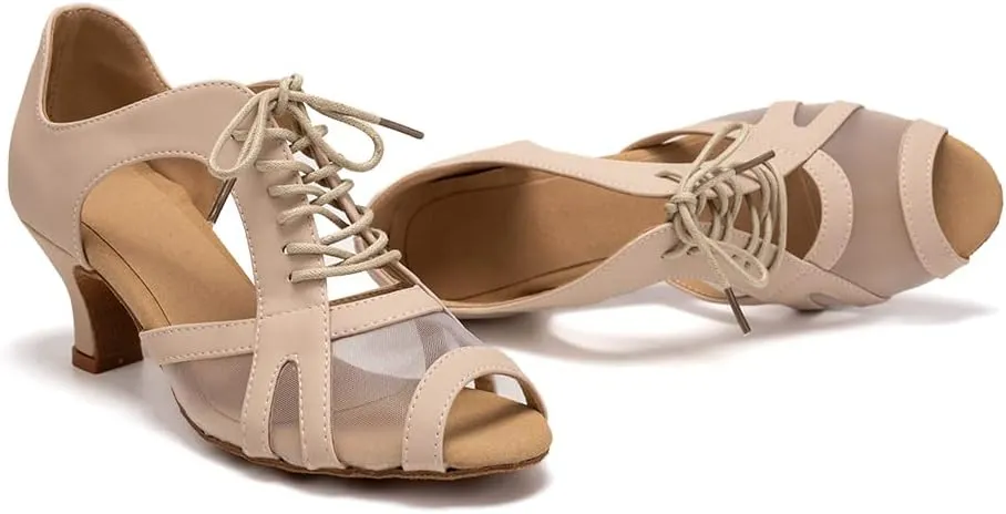 SWDZM Women's Lace-up Latin Dance Shoes Open Toe Ballroom Salsa Dance Practice Shoes,Model FT087