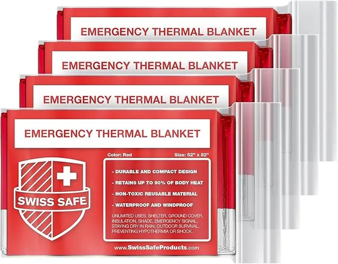 Swiss Safe Emergency Mylar Thermal Blankets   Bonus Space Blanket - Compact & Insulated for Cold Weather - Designed for NASA, Outdoor Camping, Survival, First Aid Car Kit - Red, 4 Pack