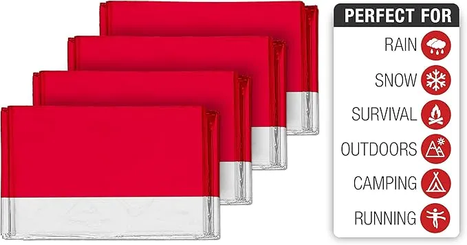 Swiss Safe Emergency Mylar Thermal Blankets   Bonus Space Blanket - Compact & Insulated for Cold Weather - Designed for NASA, Outdoor Camping, Survival, First Aid Car Kit - Red, 4 Pack