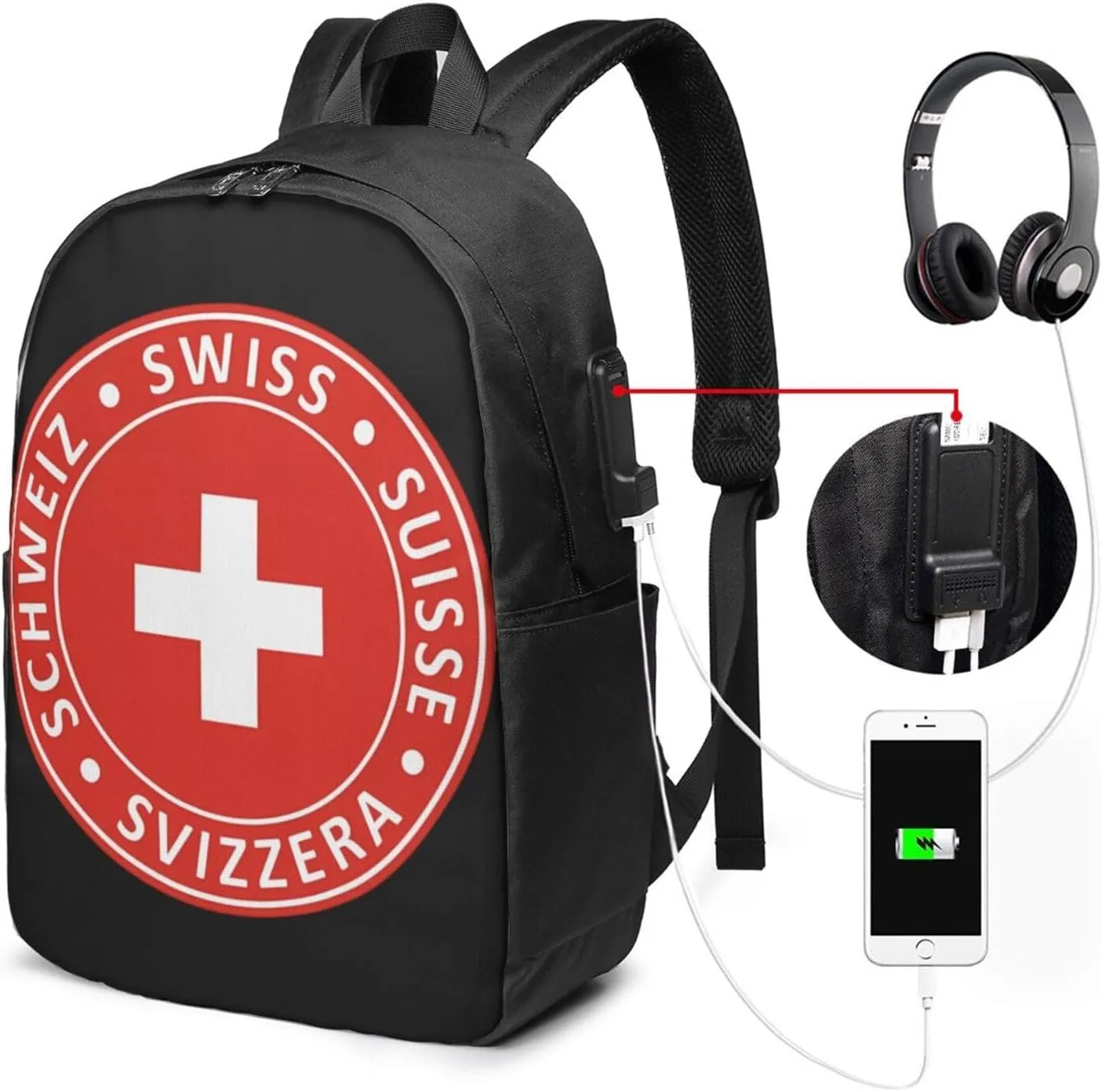 Swiss Schweiz Svizzera Suisse Flag Laptop Backpacks Travel Backpack Casual Business Daypack Sport Rucksack Computer Bag Fits up to 17 Inch Notebook with USB Port
