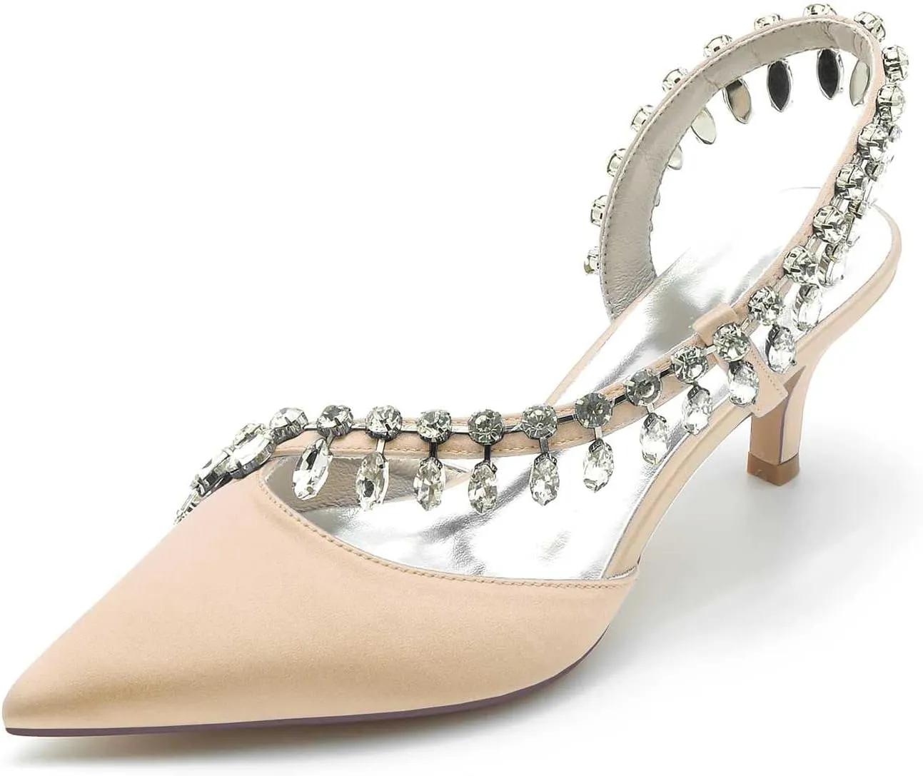 TarfiC Pointed Toe Kitten Heel Rhinestone Satin Wedding Shoes for Bride High Heels Slip on Bridal Shoes for Women Satin Heels Prom Party Shoes