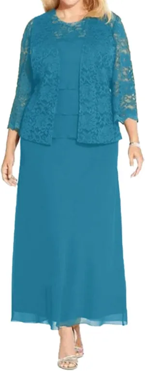 Tea Length Mother of The Bride Dresses Chiffon Evening Formal Dress Lace Jacket Plus Size Tiered
