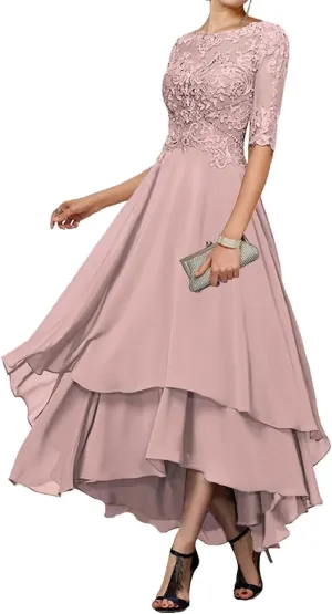 Tea Length Mother of The Bride Dresses for Wedding with Pockets Half Sleeve Lace Chiffon Formal Evening Gown