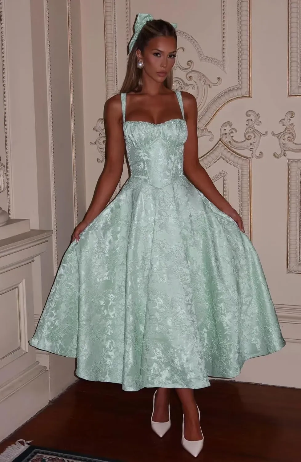 Tea Length Satin Jacquard Prom Dresses Floral Corset Midi Sweetheart Formal Evening Party Gowns