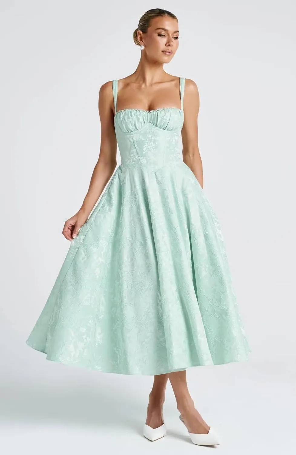 Tea Length Satin Jacquard Prom Dresses Floral Corset Midi Sweetheart Formal Evening Party Gowns