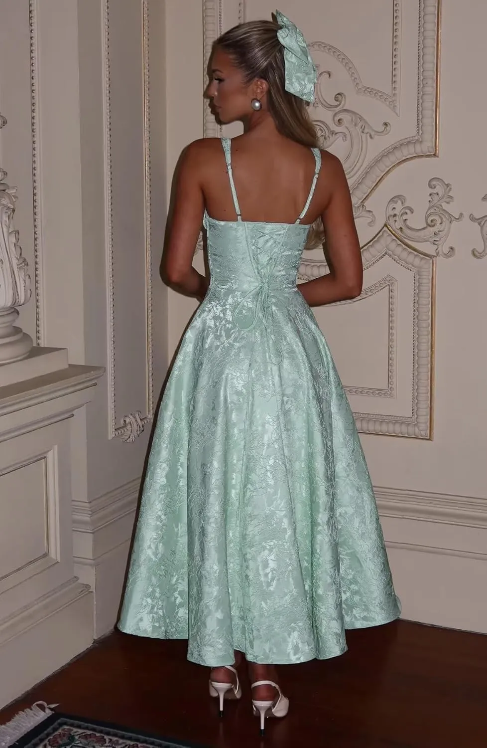Tea Length Satin Jacquard Prom Dresses Floral Corset Midi Sweetheart Formal Evening Party Gowns