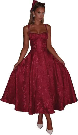 Tea Length Satin Jacquard Prom Dresses Floral Corset Midi Sweetheart Formal Evening Party Gowns