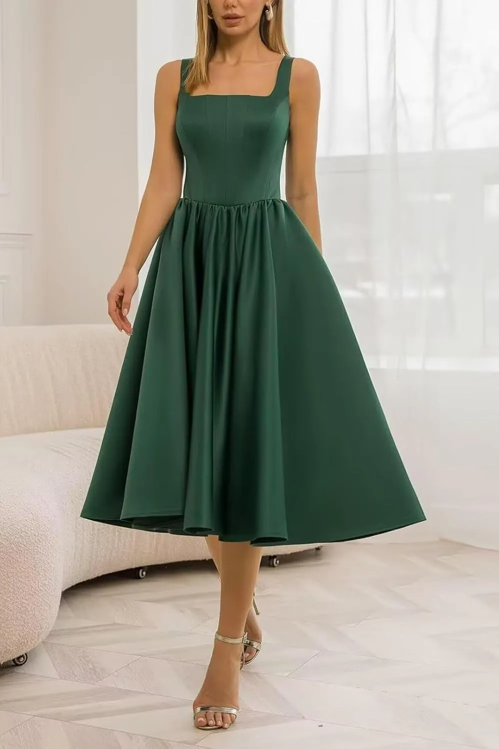 Tea Length Wedding Dresses for Bride Satin Midi A Line Cocktail Party Corset Dress Pleated Formal Evening Gown