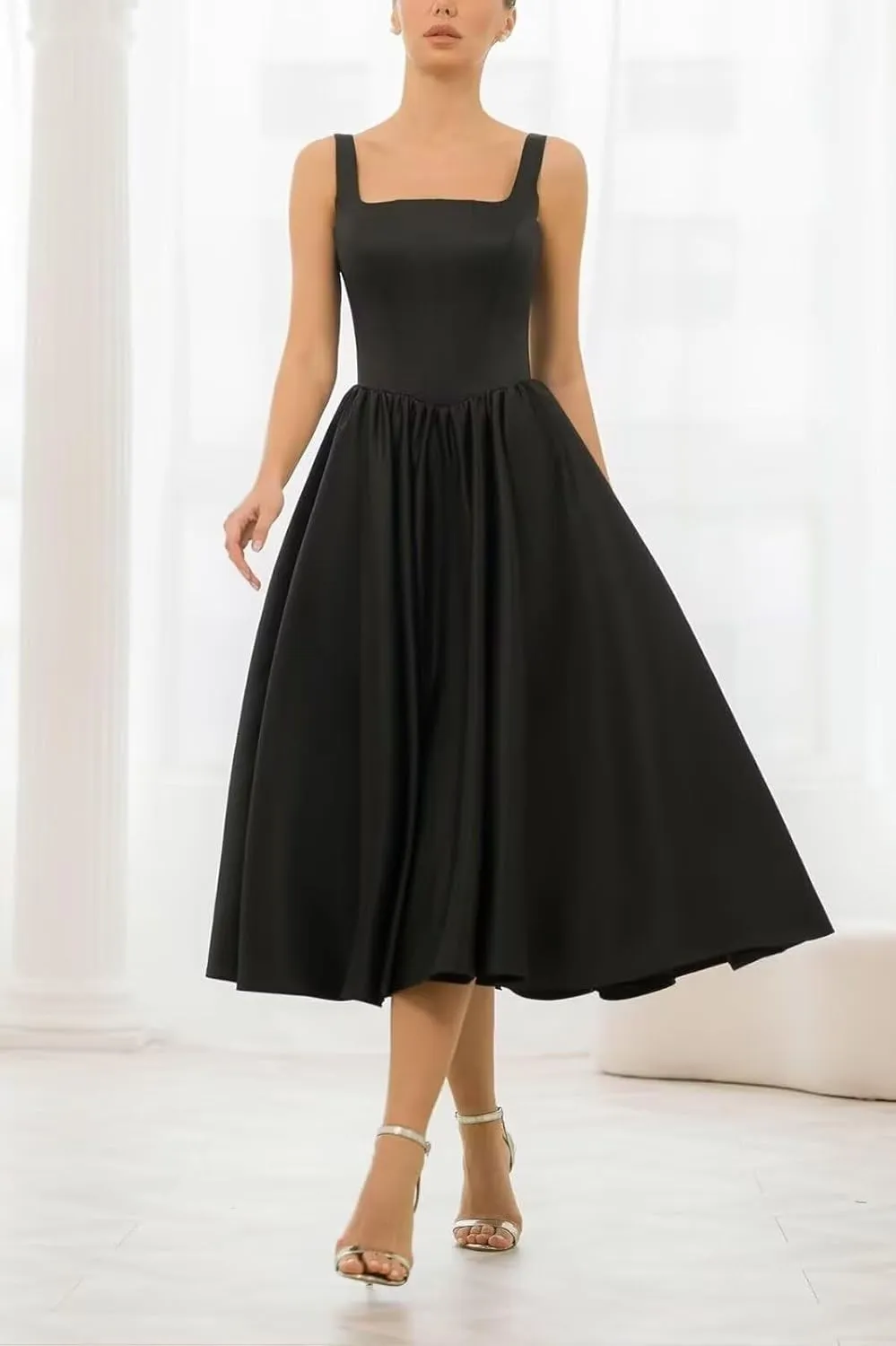 Tea Length Wedding Dresses for Bride Satin Midi A Line Cocktail Party Corset Dress Pleated Formal Evening Gown