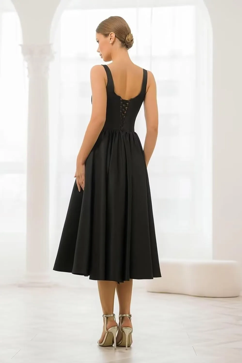 Tea Length Wedding Dresses for Bride Satin Midi A Line Cocktail Party Corset Dress Pleated Formal Evening Gown
