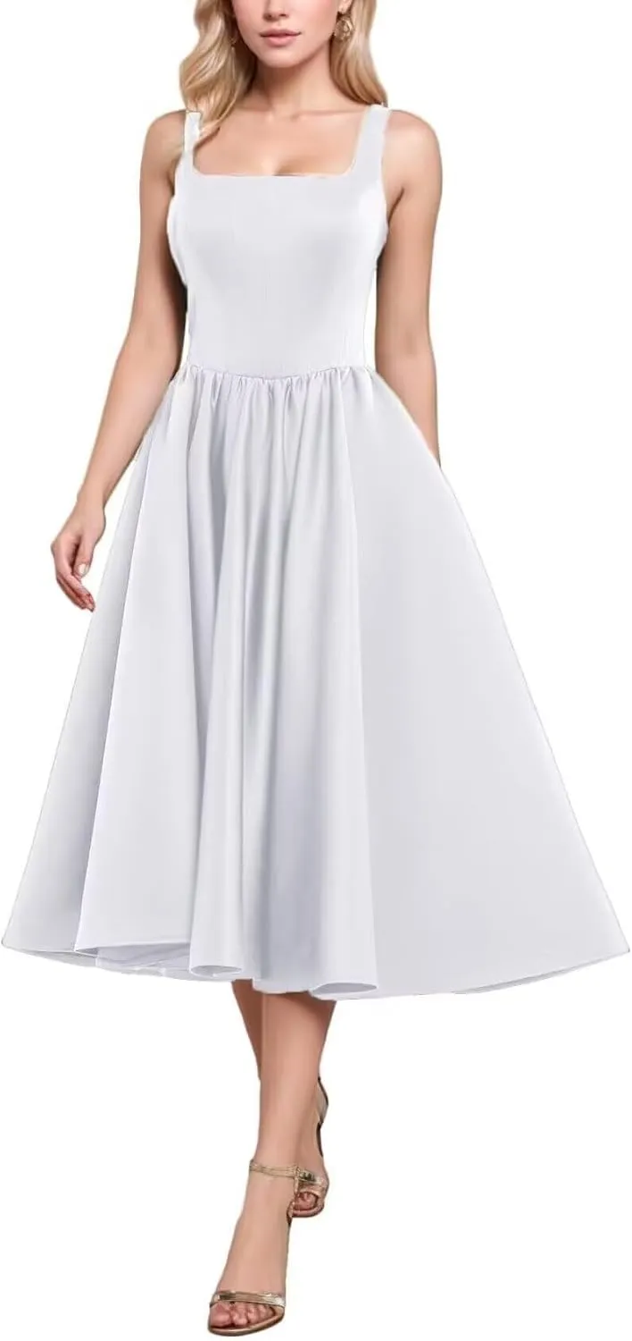 Tea Length Wedding Dresses for Bride Satin Midi A Line Cocktail Party Corset Dress Pleated Formal Evening Gown