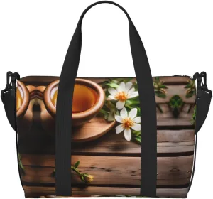 Teal Flower On Wooden Plank Print Versatile Travel Duffel Bag,The Companion For Business And Personal Trips