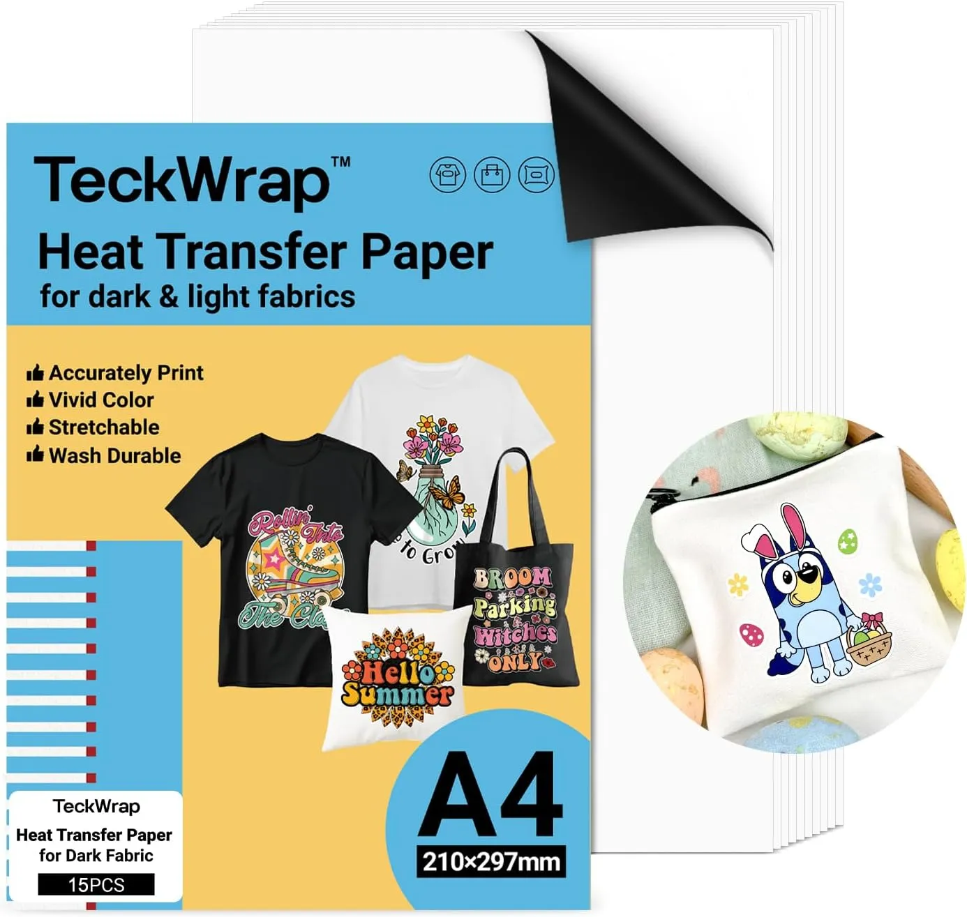 TECKWRAP Printable Heat Transfer Paper for T-Shirts 15 Sheets, 8.3" X 11.7" Printable Heat Transfer Vinyl for Inkjet Printer, Iron on Transfer Paper for Light and Dark Fabric (Matte White)