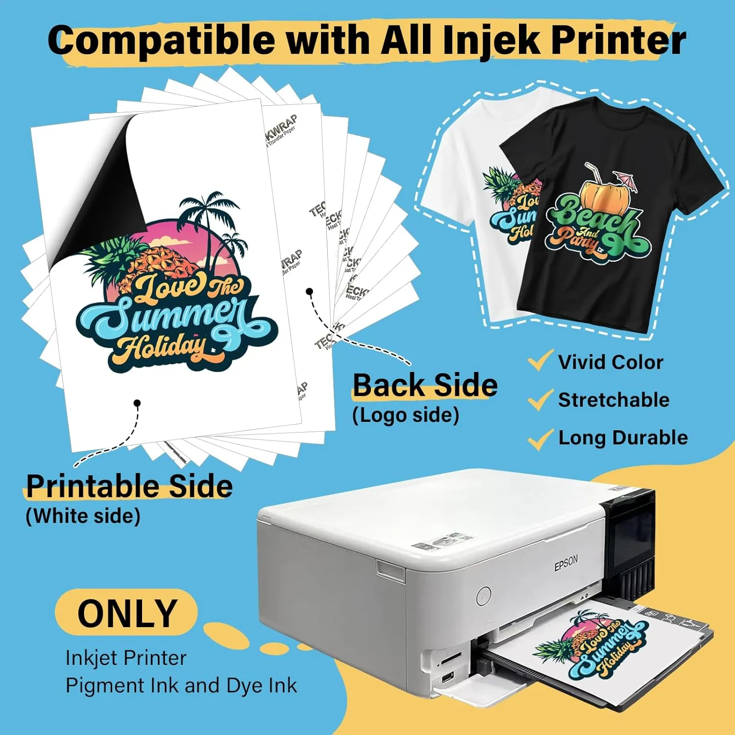 TECKWRAP Printable Heat Transfer Paper for T-Shirts 15 Sheets, 8.3" X 11.7" Printable Heat Transfer Vinyl for Inkjet Printer, Iron on Transfer Paper for Light and Dark Fabric (Matte White)