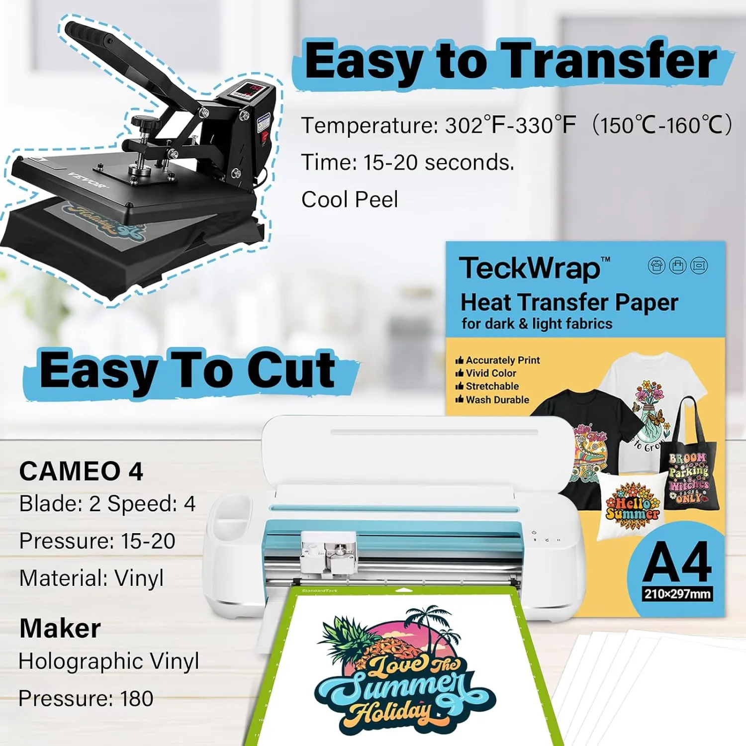 TECKWRAP Printable Heat Transfer Paper for T-Shirts 15 Sheets, 8.3" X 11.7" Printable Heat Transfer Vinyl for Inkjet Printer, Iron on Transfer Paper for Light and Dark Fabric (Matte White)