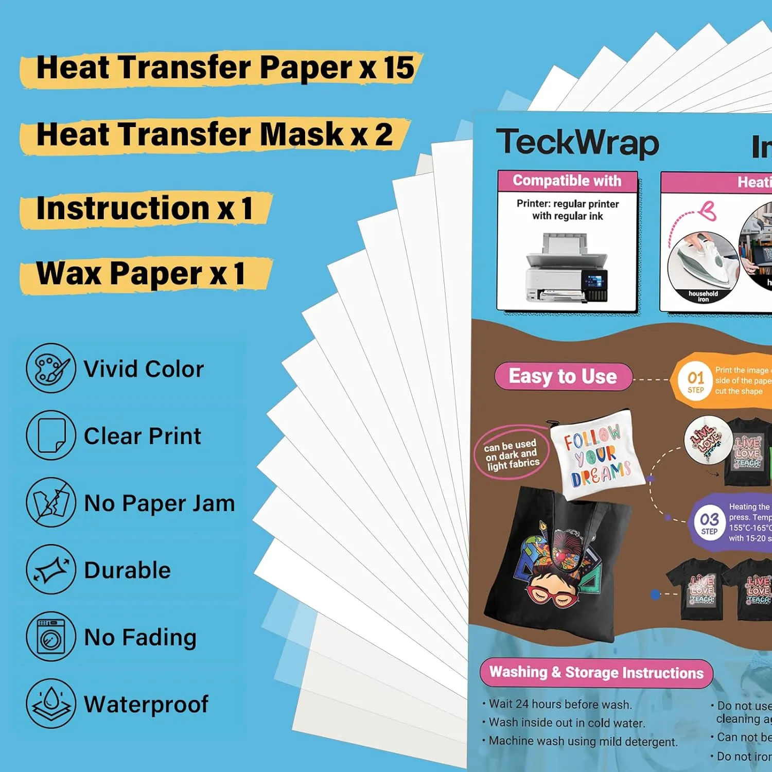 TECKWRAP Printable Heat Transfer Paper for T-Shirts 15 Sheets, 8.3" X 11.7" Printable Heat Transfer Vinyl for Inkjet Printer, Iron on Transfer Paper for Light and Dark Fabric (Matte White)