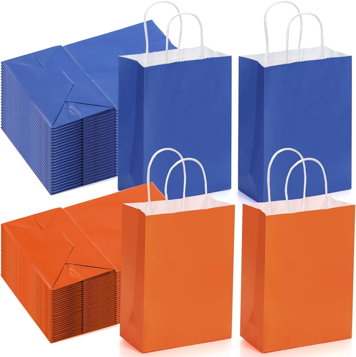 Teling 50 Pcs Gift Bags Party Favor with Handles, 8.3 x 5.9 x 3.2 Inches Small Kraft Paper Gift Bags for Birthday Party Wedding Baby Shower Supplies(Orange,Blue)