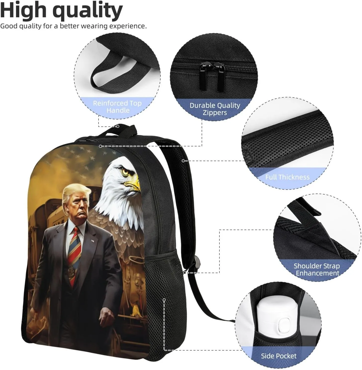 The Bald Eagle Behind Trump Backpack Waterproof Anti Theft Durable Light Laptop Bag Backpacks For Women Men Travel Gym Backpack