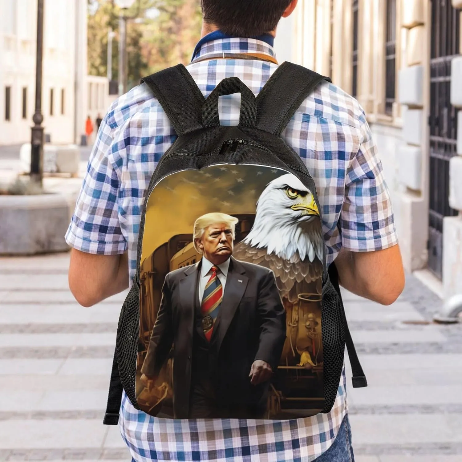 The Bald Eagle Behind Trump Backpack Waterproof Anti Theft Durable Light Laptop Bag Backpacks For Women Men Travel Gym Backpack