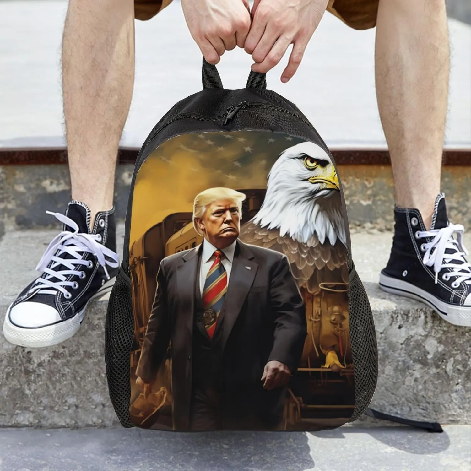 The Bald Eagle Behind Trump Backpack Waterproof Anti Theft Durable Light Laptop Bag Backpacks For Women Men Travel Gym Backpack