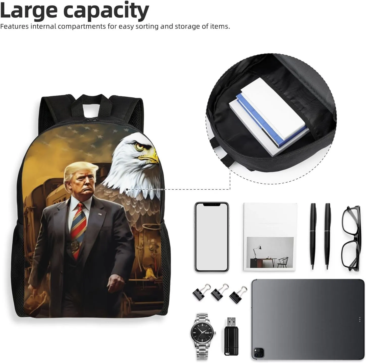 The Bald Eagle Behind Trump Backpack Waterproof Anti Theft Durable Light Laptop Bag Backpacks For Women Men Travel Gym Backpack