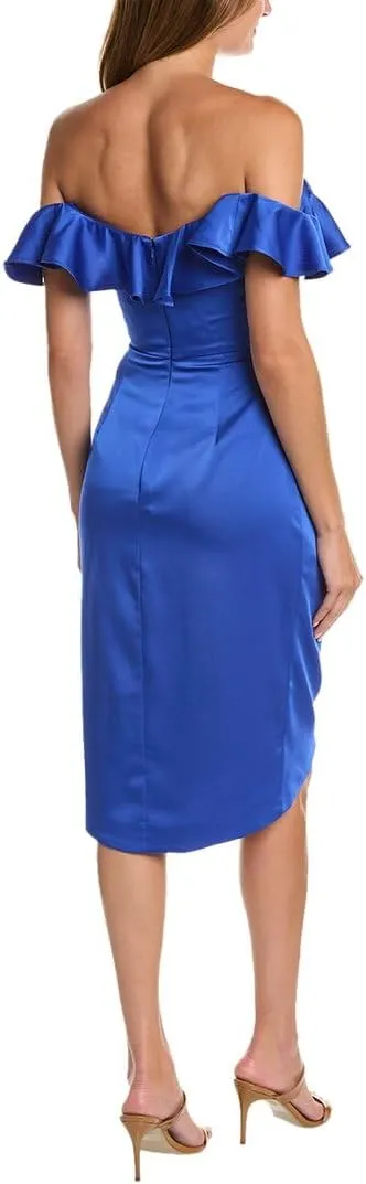 Theia Off-The-Shoulder Satin Midi Dress