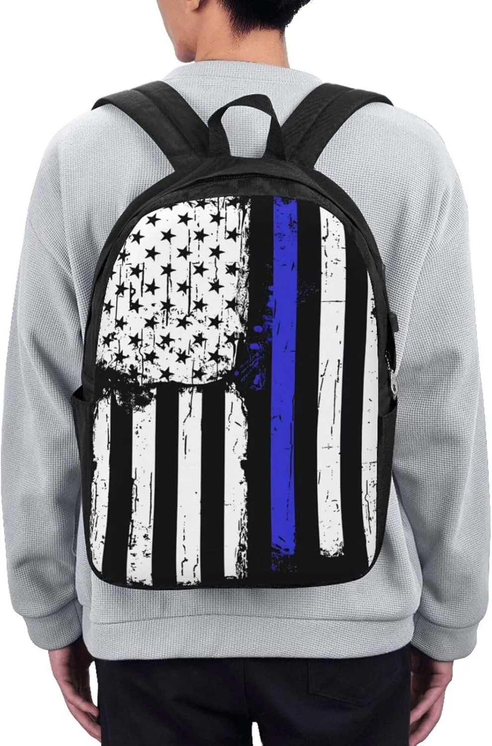 Thin Blue Line American Flag Backpack 17 Inch Laptop Backpacks Outdoor Travel Rucksack Work Business Daypack with USB Port Carry On Bag for Cycling Hiking