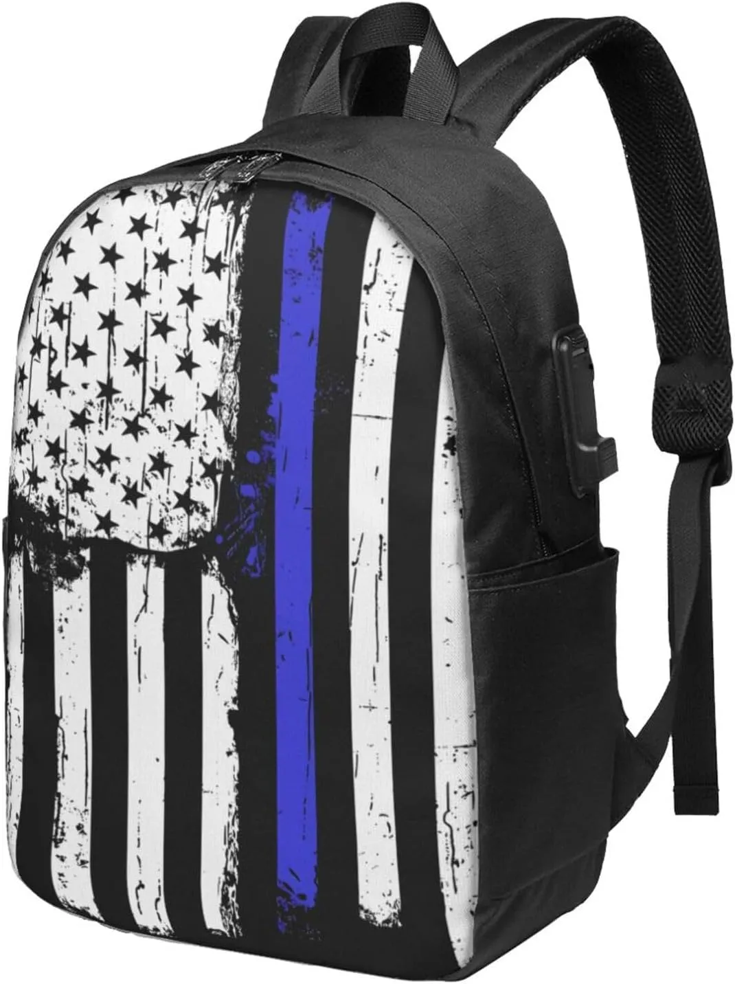 Thin Blue Line American Flag Backpack 17 Inch Laptop Backpacks Outdoor Travel Rucksack Work Business Daypack with USB Port Carry On Bag for Cycling Hiking
