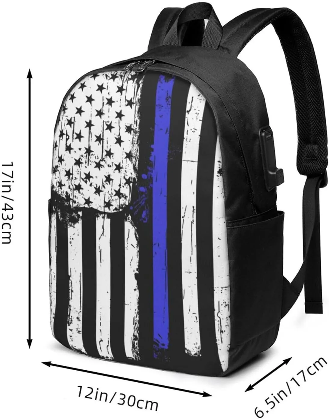 Thin Blue Line American Flag Backpack 17 Inch Laptop Backpacks Outdoor Travel Rucksack Work Business Daypack with USB Port Carry On Bag for Cycling Hiking