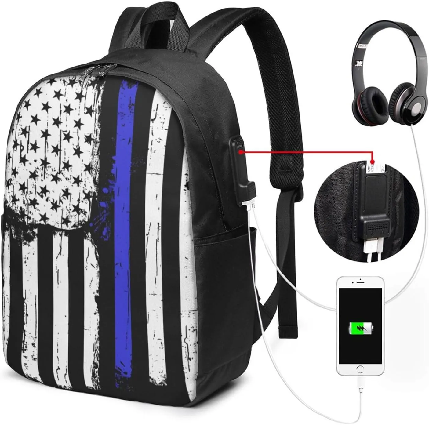 Thin Blue Line American Flag Backpack 17 Inch Laptop Backpacks Outdoor Travel Rucksack Work Business Daypack with USB Port Carry On Bag for Cycling Hiking