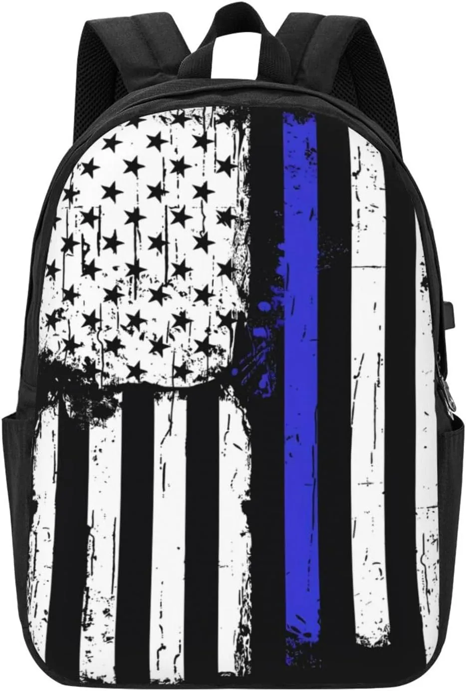 Thin Blue Line American Flag Backpack 17 Inch Laptop Backpacks Outdoor Travel Rucksack Work Business Daypack with USB Port Carry On Bag for Cycling Hiking