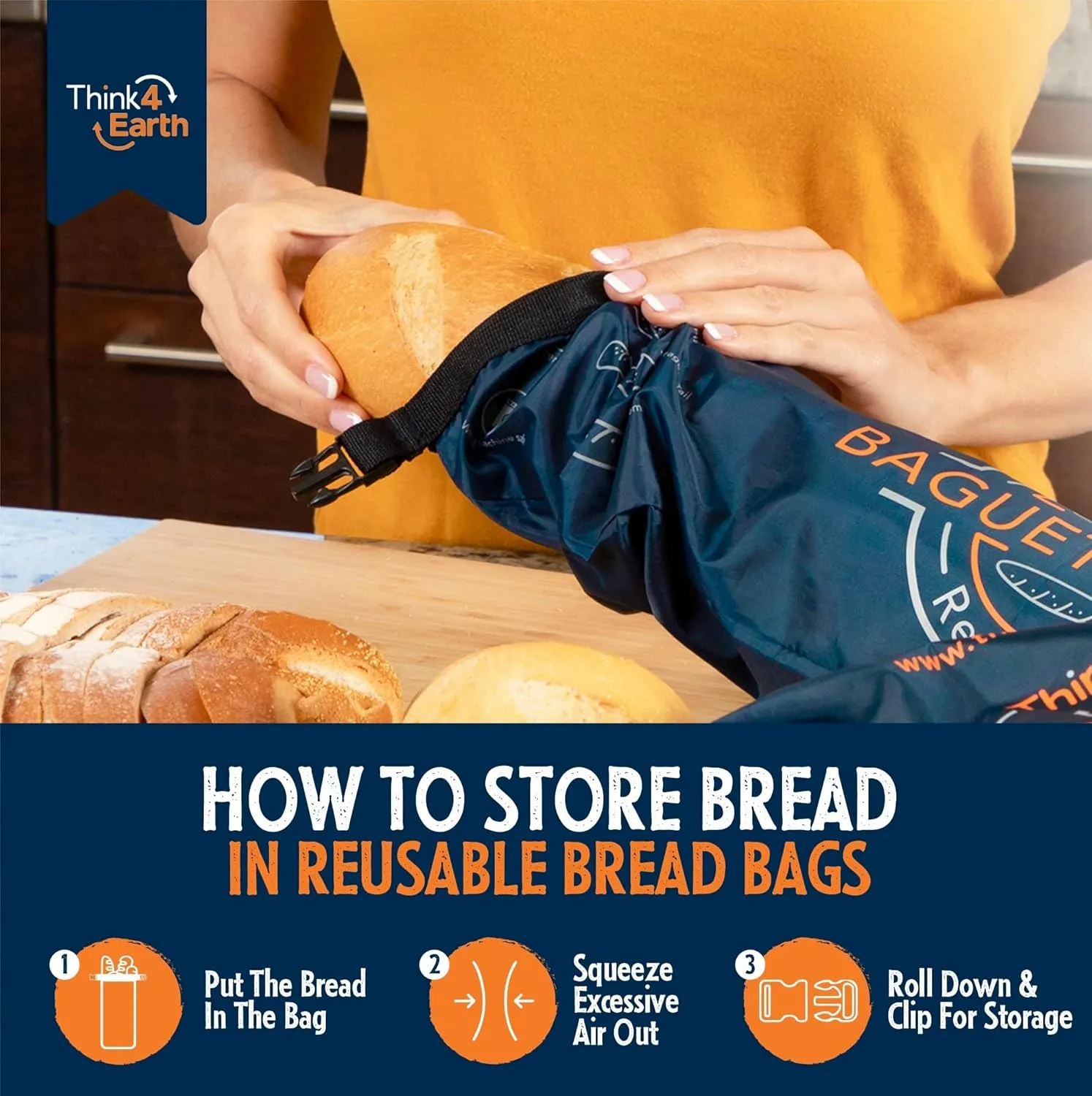Think4Earth® - Reusable Baguette Bag | Bread Bag Made From Recycled Plastic Bottles - Eco-Friendly Large Loaf Storage Bags - Classy Reusable Bags for Homemade Sourdough