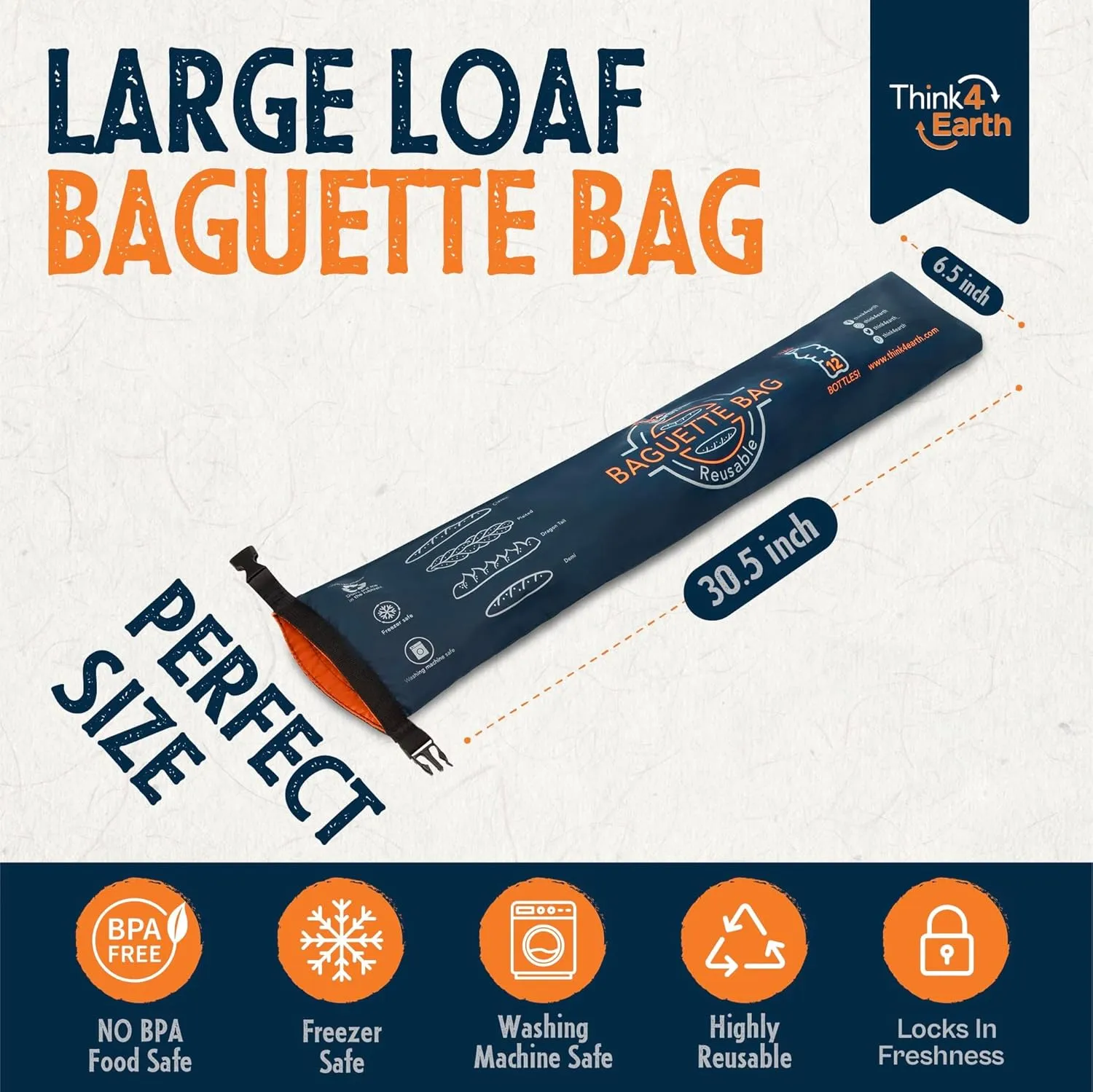 Think4Earth® - Reusable Baguette Bag | Bread Bag Made From Recycled Plastic Bottles - Eco-Friendly Large Loaf Storage Bags - Classy Reusable Bags for Homemade Sourdough