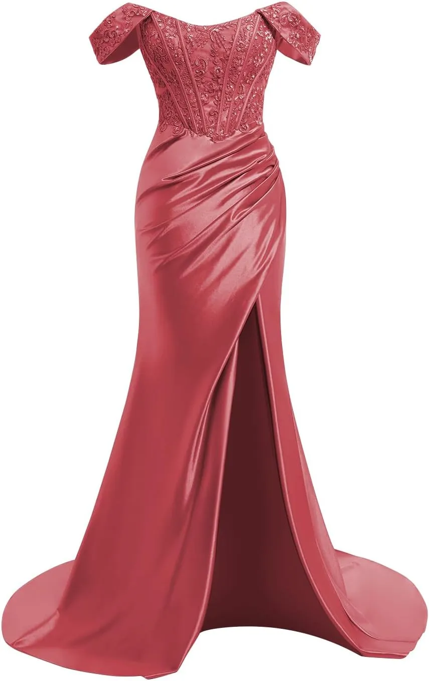 TIRAS Off Shoulder Lace Appliques Satin Prom Mermaid Dresses for Women 2025 Long Split Formal Evening Gown CM263