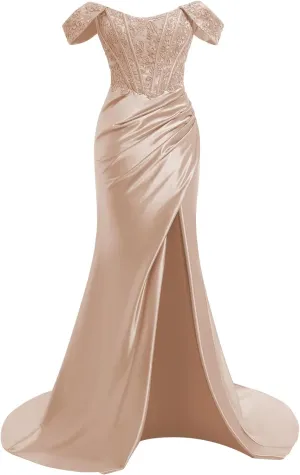TIRAS Off Shoulder Lace Appliques Satin Prom Mermaid Dresses for Women 2025 Long Split Formal Evening Gown CM263