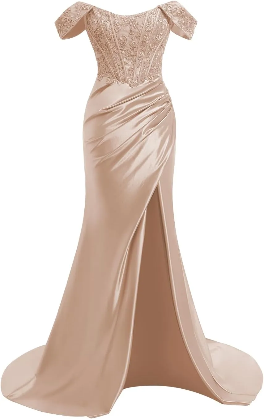 TIRAS Off Shoulder Lace Appliques Satin Prom Mermaid Dresses for Women 2025 Long Split Formal Evening Gown CM263