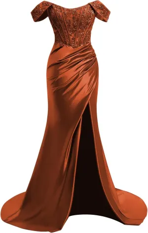 TIRAS Off Shoulder Lace Appliques Satin Prom Mermaid Dresses for Women 2025 Long Split Formal Evening Gown CM263