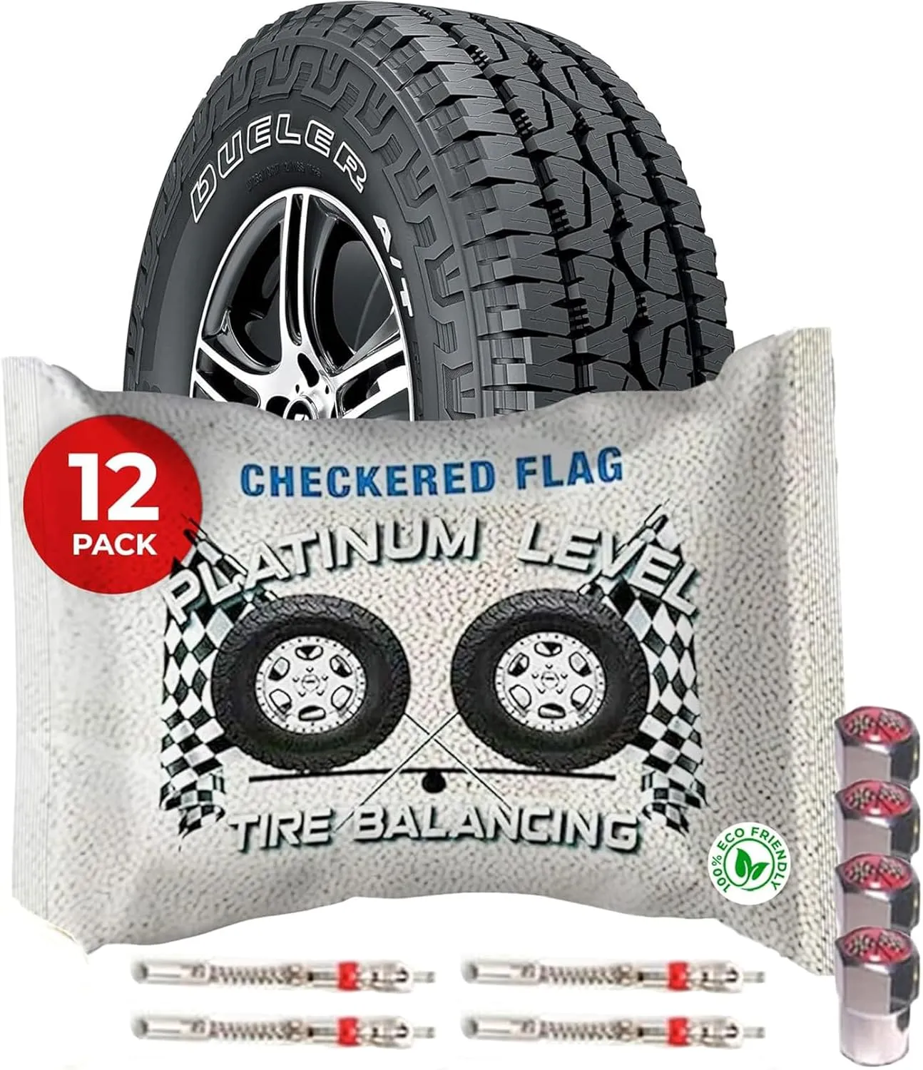 Tire Balancing Beads 16oz Bags, Case of (12) 16oz Centrifugal Force Balance Bead Bags for Semi Truck, Off-Road Vehicle, Trailer Tire/Wheels, (12) Valve Caps and Cores ( Bulk 192oz Total )