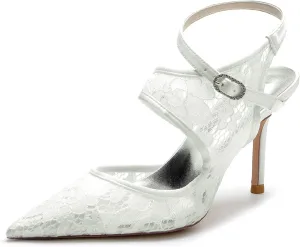 TNXZ 3.3'' Bridal Wedding Shoes Lace Satin Bridesmaids Prom Party Women Pointed Toe Stiletto Pumps Dress Pumps Sandals