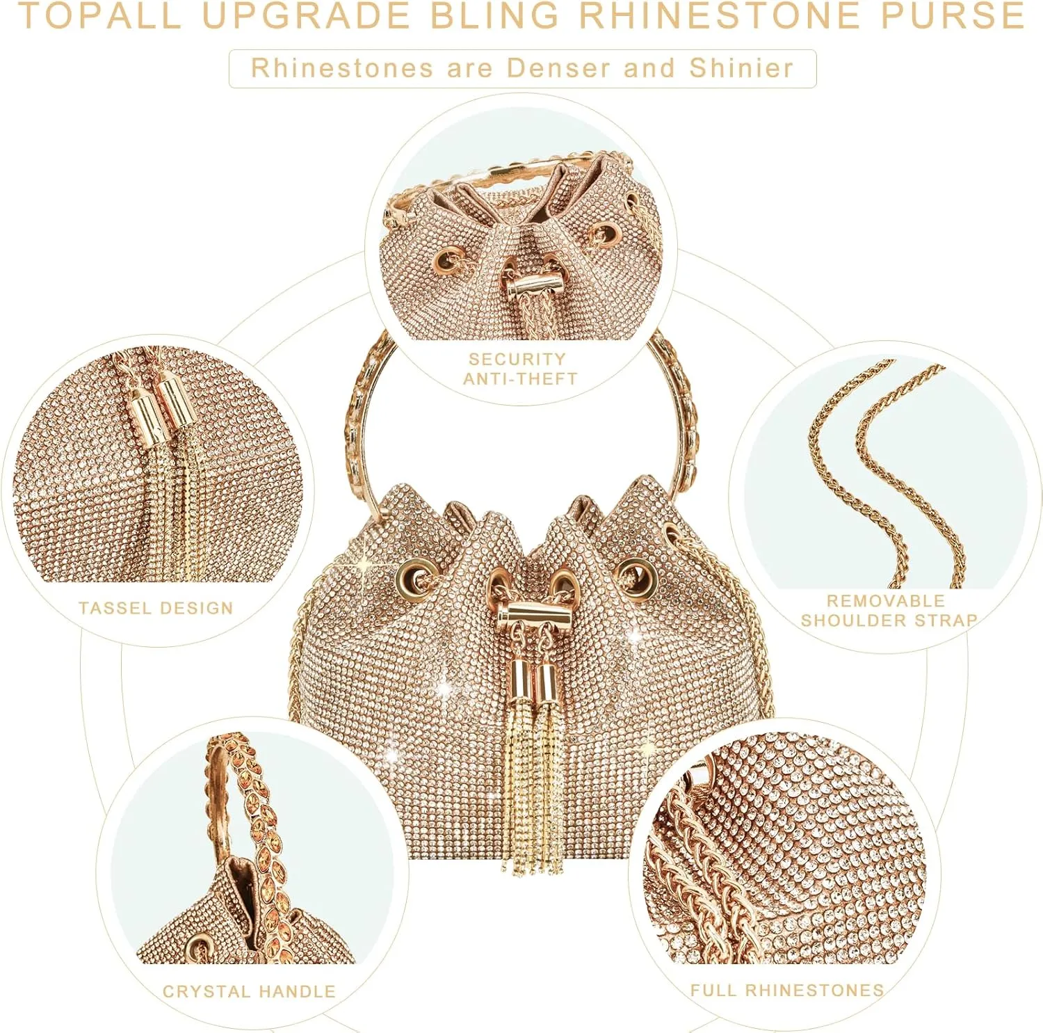 TOPALL Upgrade Rhinestone Evening Bag Bling Purse Sparkly Diamond Silver Clutch Purses for Women Party Club Wedding Prom