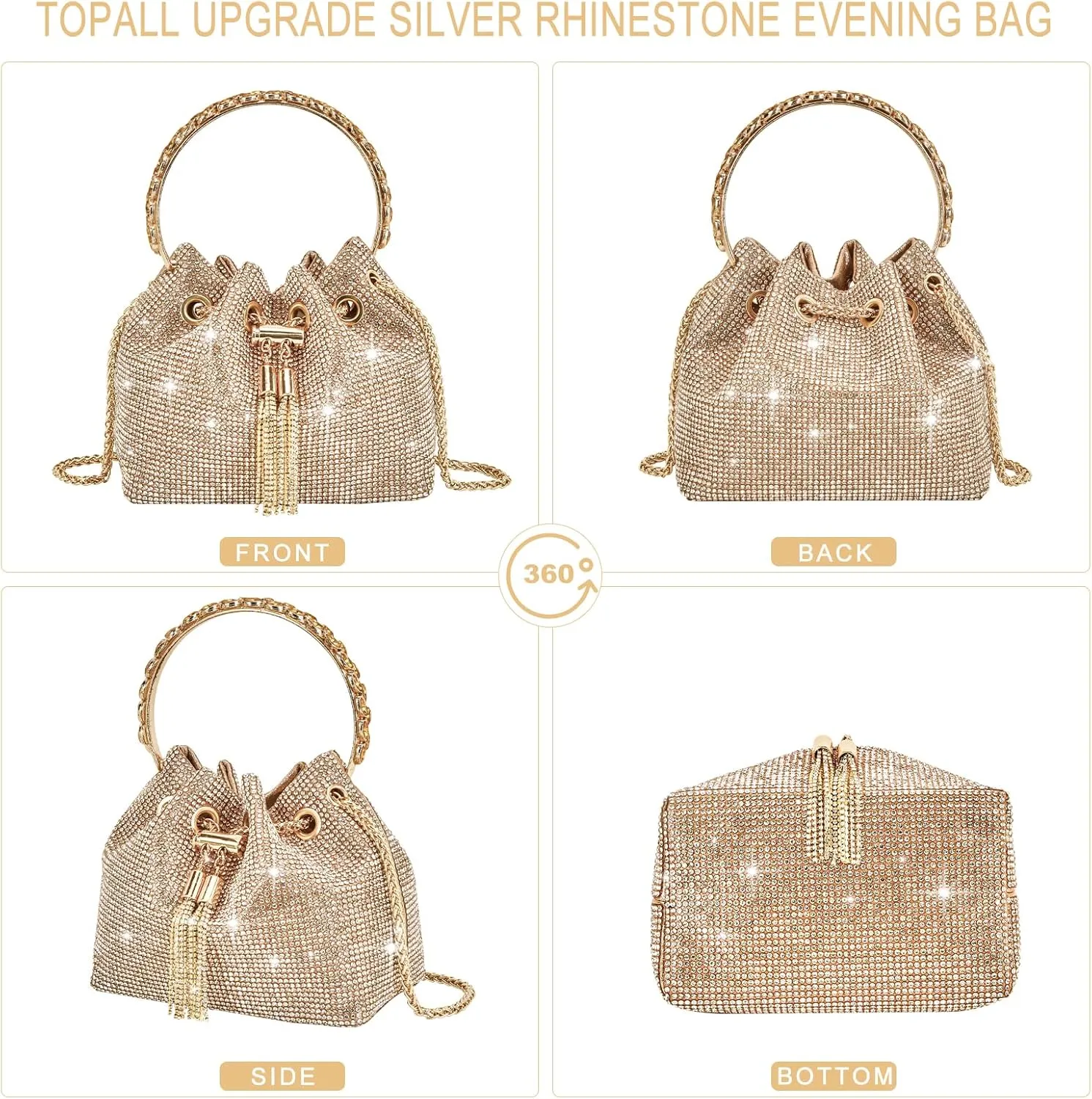 TOPALL Upgrade Rhinestone Evening Bag Bling Purse Sparkly Diamond Silver Clutch Purses for Women Party Club Wedding Prom