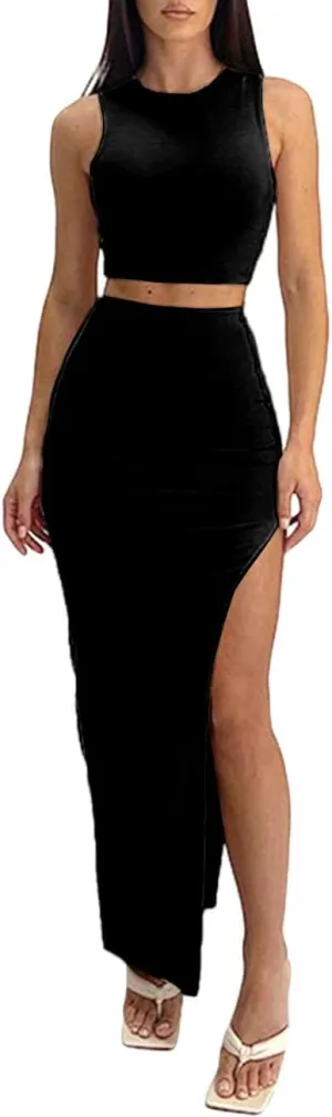 TOPONSKY Women's 2 Piece Crew Neck Sleeveless Tank Top Bodycon Slit Long Skirt Outfits Dress Set