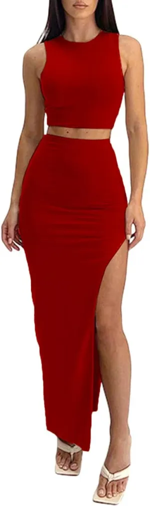 TOPONSKY Women's 2 Piece Crew Neck Sleeveless Tank Top Bodycon Slit Long Skirt Outfits Dress Set