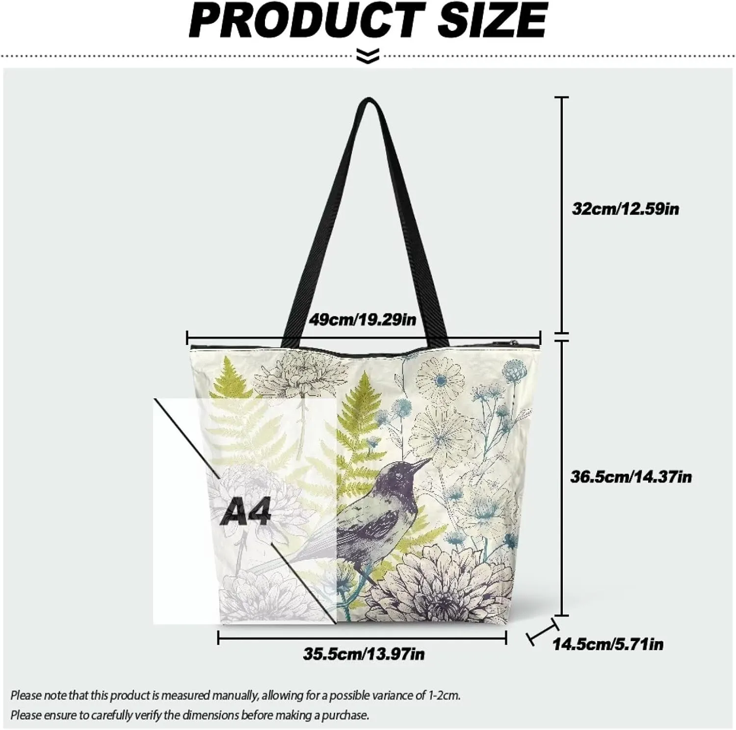 Tote Bag for Women Work Shoulder Bags 14x 13x 5 inch, Drawing Flowers Large Reusable Paper Grocery Bags Zipper