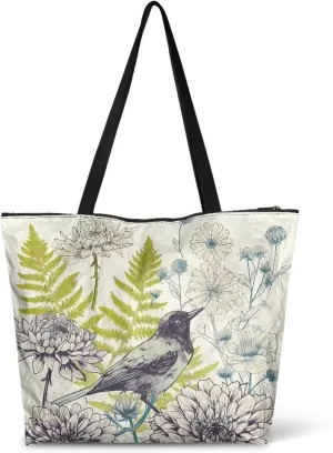 Tote Bag for Women Work Shoulder Bags 14x 13x 5 inch, Drawing Flowers Large Reusable Paper Grocery Bags Zipper