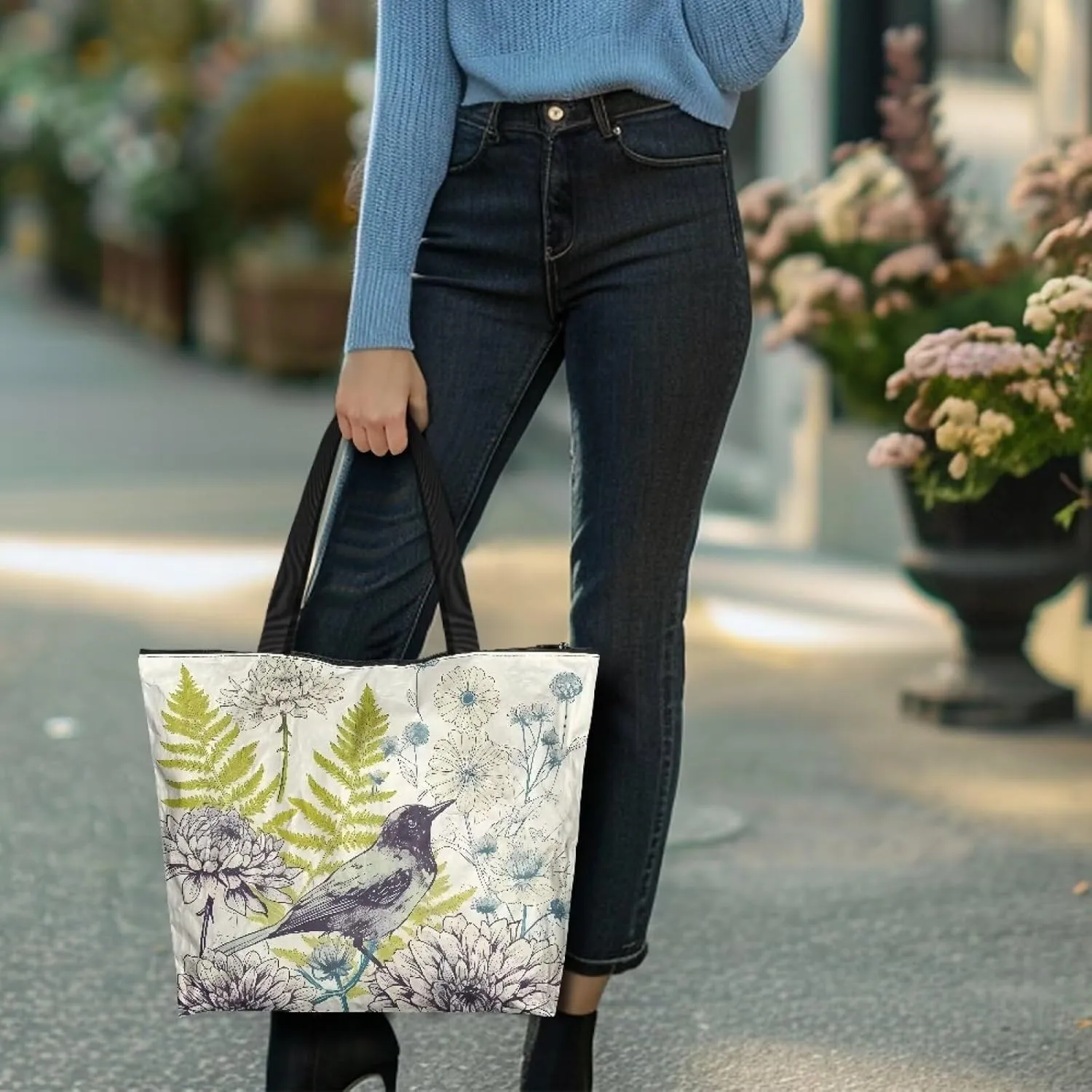 Tote Bag for Women Work Shoulder Bags 14x 13x 5 inch, Drawing Flowers Large Reusable Paper Grocery Bags Zipper