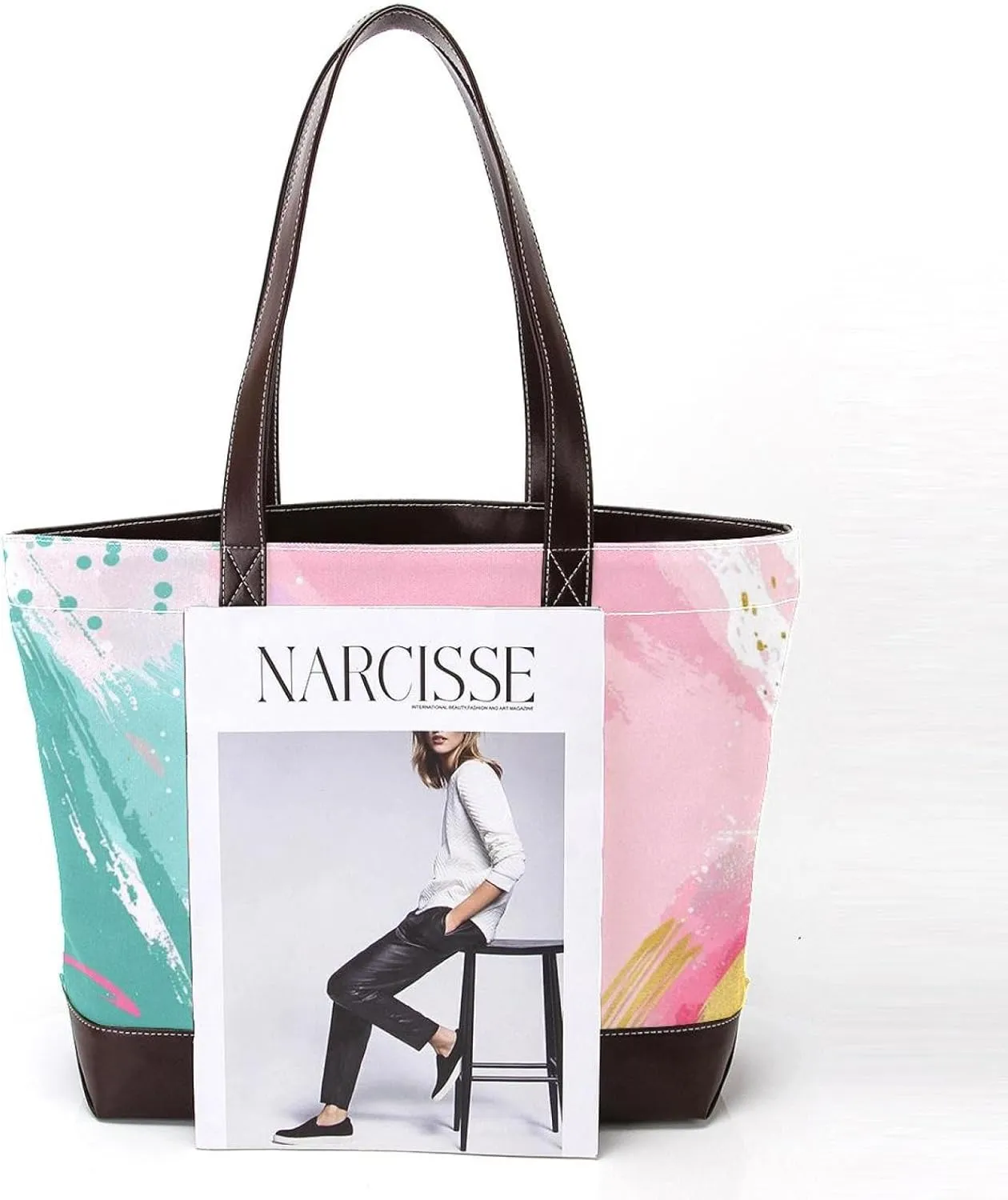 Tote Bag, Large Tote Bag, Tote Bag with Zipper, Modern Minimalist Pattern Pink Polka Dot Abstraction, Tote Bags Women