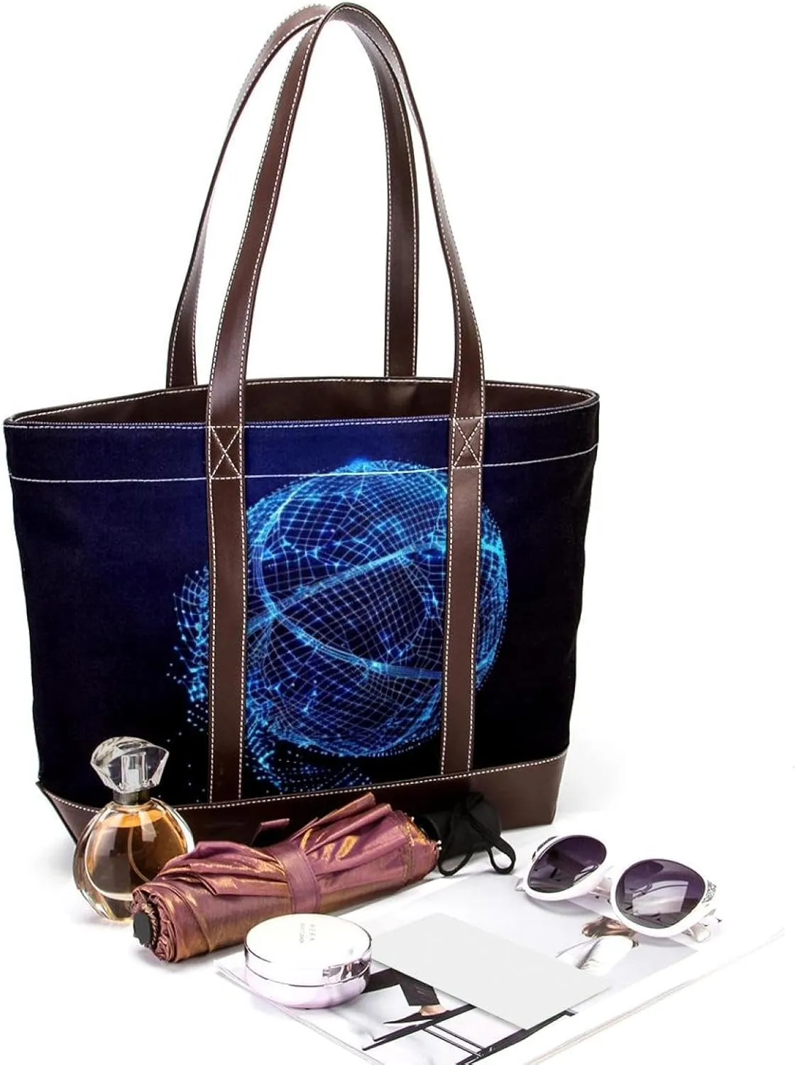 Tote Bags, Large Tote Bag, Women's Tote Handbags, Modern Blue Art Basketball Pattern, Womens Tote Bags for Work